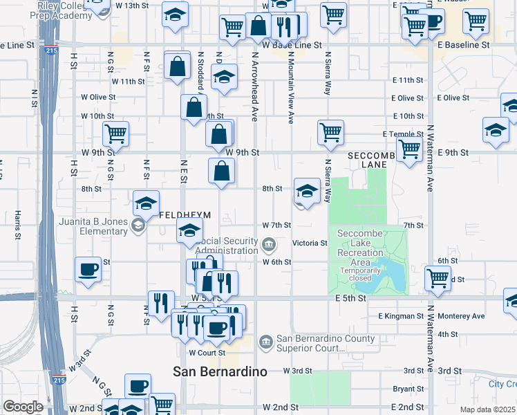 map of restaurants, bars, coffee shops, grocery stores, and more near 743 North Arrowhead Avenue in San Bernardino