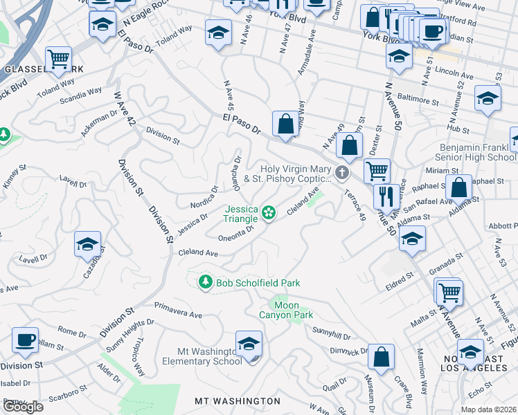 map of restaurants, bars, coffee shops, grocery stores, and more near Nob Hill Drive in Los Angeles