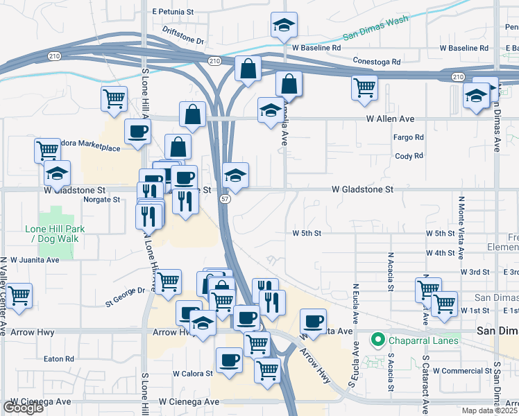 map of restaurants, bars, coffee shops, grocery stores, and more near 618 North Billow Drive in San Dimas