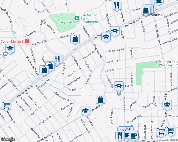 map of restaurants, bars, coffee shops, grocery stores, and more near 1915 Windsor Road in San Marino