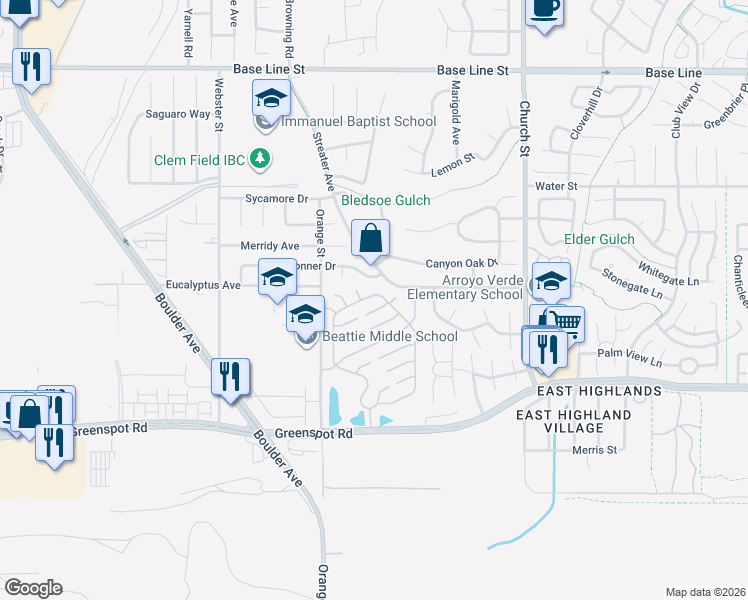 map of restaurants, bars, coffee shops, grocery stores, and more near 28575 Village Lakes Road in Highland