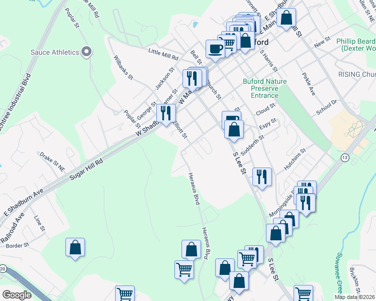 map of restaurants, bars, coffee shops, grocery stores, and more near 550 South Street in Buford