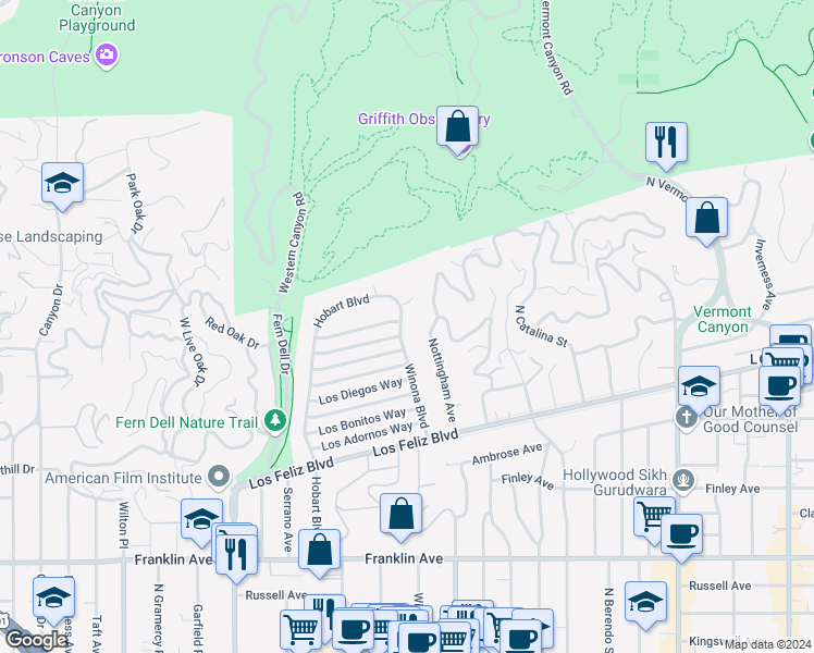 map of restaurants, bars, coffee shops, grocery stores, and more near 2258 Winona Boulevard in Los Angeles
