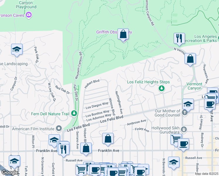 map of restaurants, bars, coffee shops, grocery stores, and more near 2258 Winona Boulevard in Los Angeles