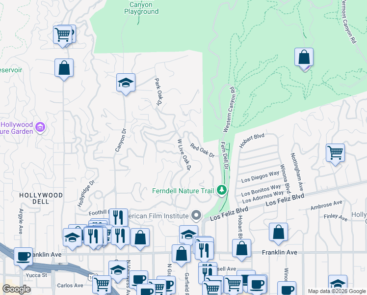 map of restaurants, bars, coffee shops, grocery stores, and more near 2318 West Live Oak Drive in Los Angeles