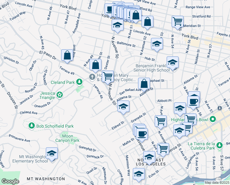 map of restaurants, bars, coffee shops, grocery stores, and more near 629 Milo Terrace in Los Angeles