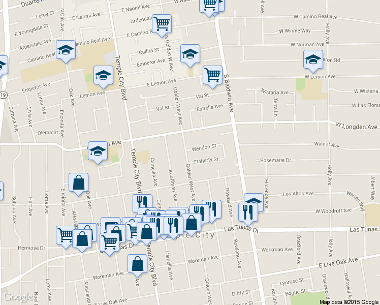 map of restaurants, bars, coffee shops, grocery stores, and more near 6226 Golden West Avenue in Temple City
