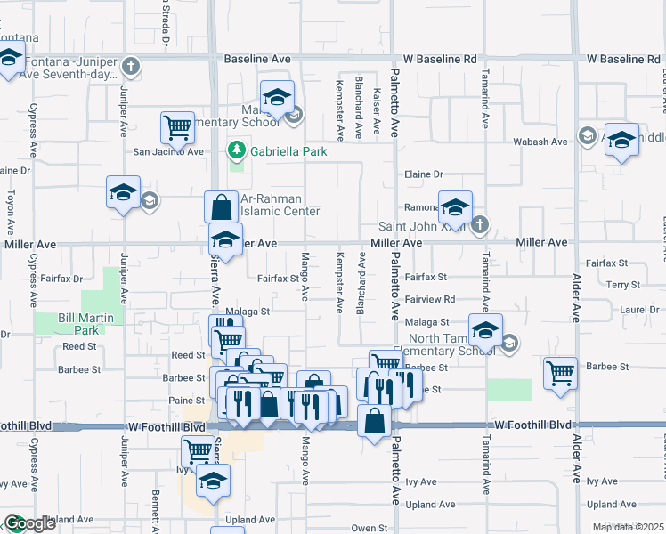 map of restaurants, bars, coffee shops, grocery stores, and more near 7754 Kempster Avenue in Fontana