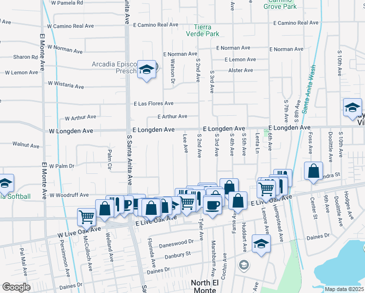 map of restaurants, bars, coffee shops, grocery stores, and more near 2233 Lee Avenue in Arcadia