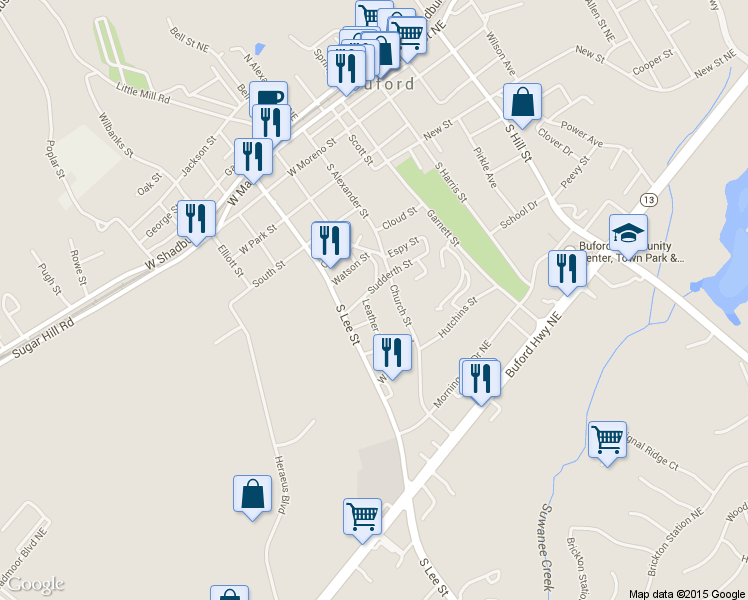 map of restaurants, bars, coffee shops, grocery stores, and more near 240 Sudderth Street in Buford