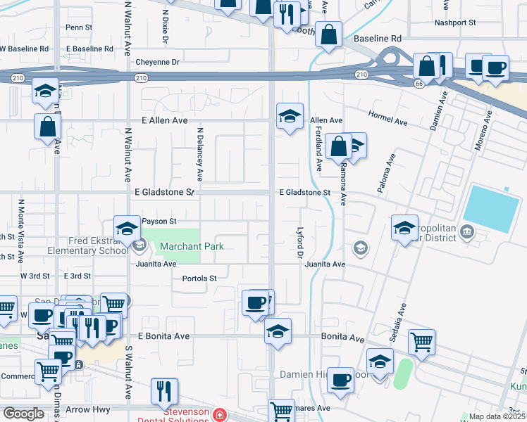map of restaurants, bars, coffee shops, grocery stores, and more near 624 East Norwood Court in San Dimas