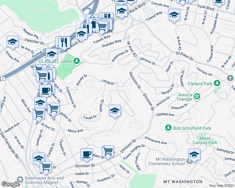 map of restaurants, bars, coffee shops, grocery stores, and more near 3871 Cazador Street in Los Angeles