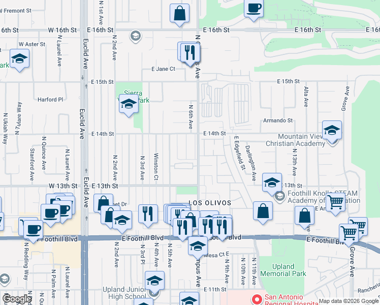 map of restaurants, bars, coffee shops, grocery stores, and more near 1362 Bouquet Drive in Upland