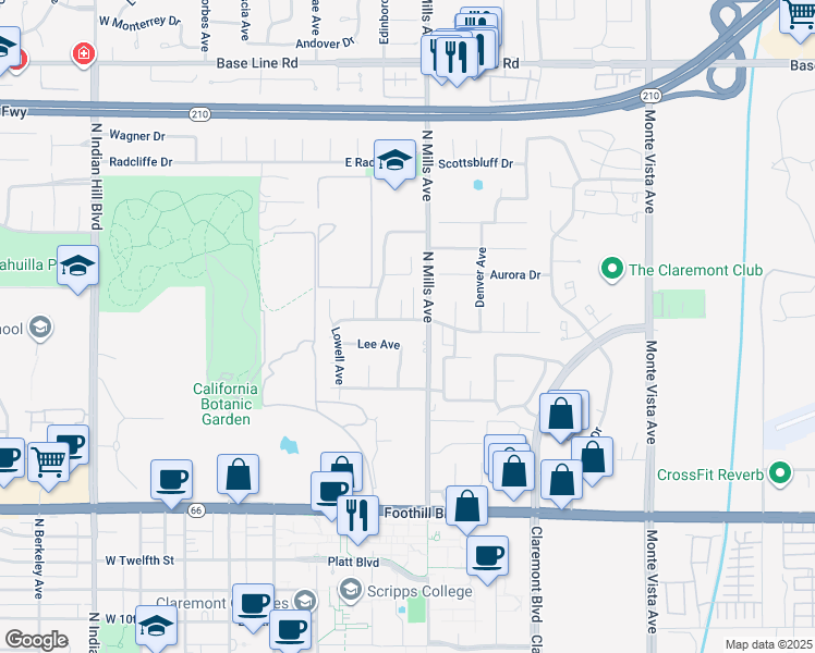 map of restaurants, bars, coffee shops, grocery stores, and more near 462 Rockford Drive in Claremont