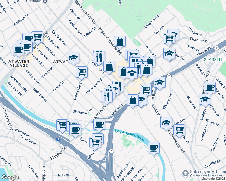 map of restaurants, bars, coffee shops, grocery stores, and more near 3123 La Clede Avenue in Los Angeles
