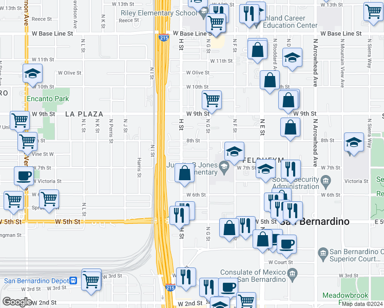 map of restaurants, bars, coffee shops, grocery stores, and more near 757 North H Street in San Bernardino