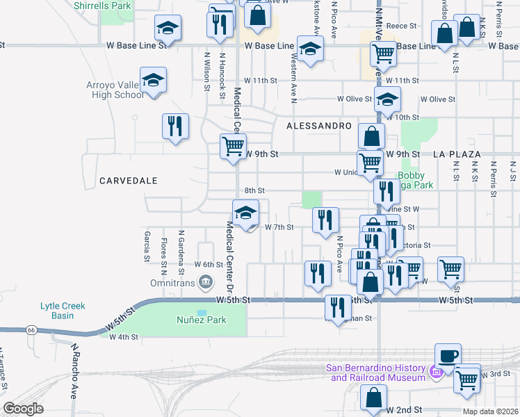 map of restaurants, bars, coffee shops, grocery stores, and more near 1566 Vine Street West in San Bernardino