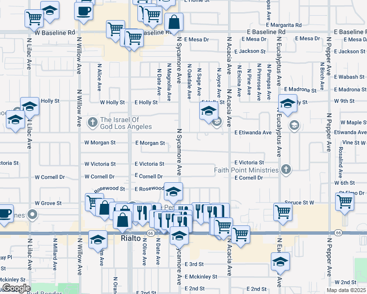 map of restaurants, bars, coffee shops, grocery stores, and more near 314 East Van Koevering Street in Rialto