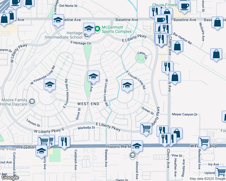 map of restaurants, bars, coffee shops, grocery stores, and more near 14085 Valley Forge Court in Fontana