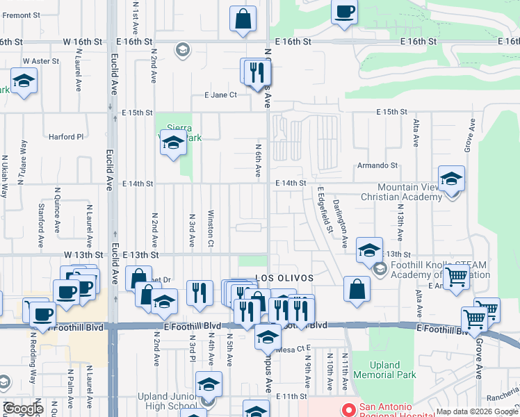 map of restaurants, bars, coffee shops, grocery stores, and more near 1362 Bouquet Drive in Upland