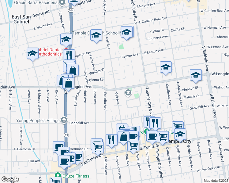 map of restaurants, bars, coffee shops, grocery stores, and more near 6248 Oak Avenue in Temple City