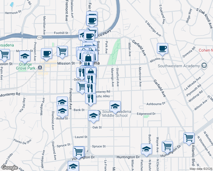 map of restaurants, bars, coffee shops, grocery stores, and more near 1120 Donaldo Court in South Pasadena