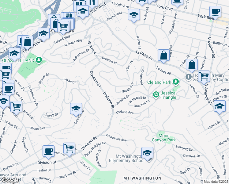 map of restaurants, bars, coffee shops, grocery stores, and more near 914 Nordica Drive in Los Angeles
