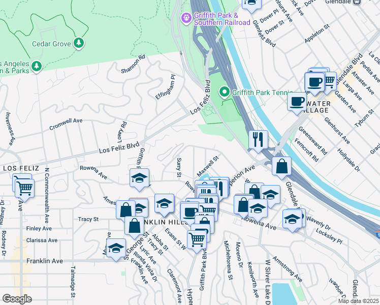 map of restaurants, bars, coffee shops, grocery stores, and more near 3334 Waverly Drive in Los Angeles