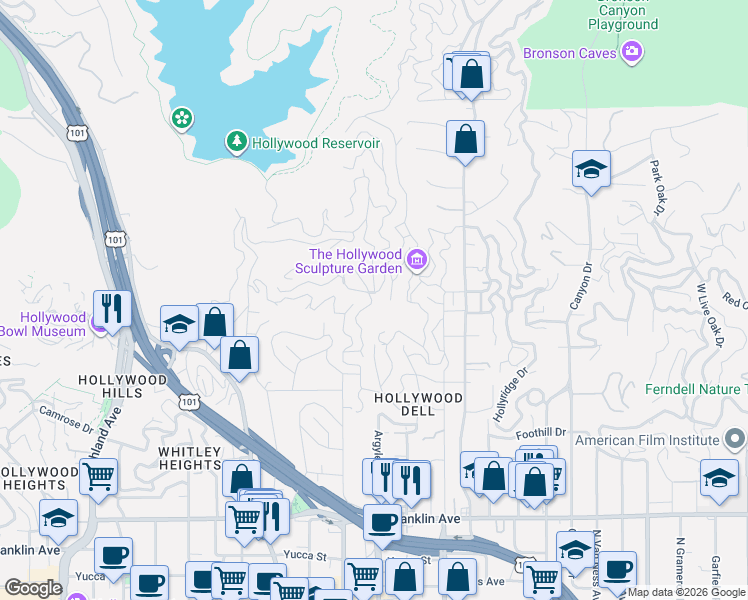 map of restaurants, bars, coffee shops, grocery stores, and more near 2318 Alcyona Drive in Los Angeles