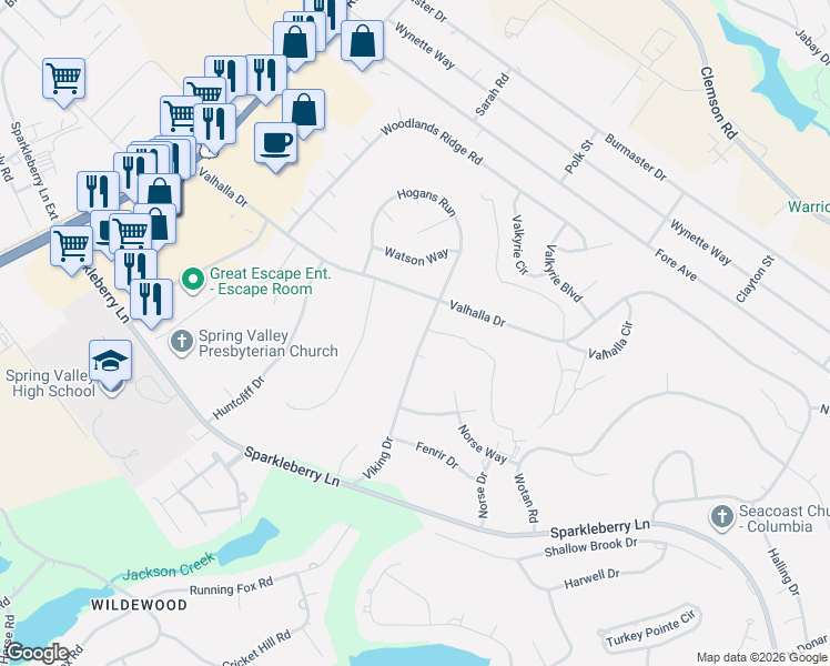map of restaurants, bars, coffee shops, grocery stores, and more near 305 Viking Drive in Columbia