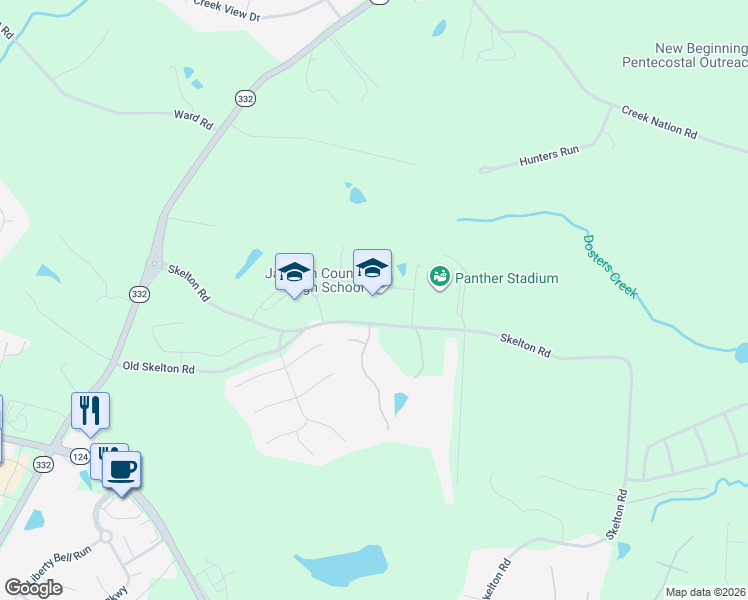map of restaurants, bars, coffee shops, grocery stores, and more near 152 Jaxco Junction in Hoschton