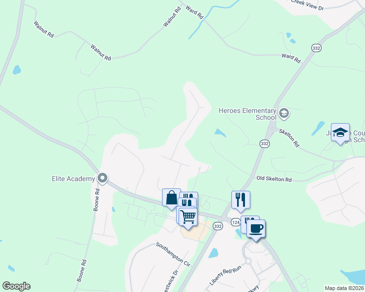 map of restaurants, bars, coffee shops, grocery stores, and more near 86 Caldwell Lane in Hoschton