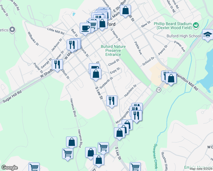 map of restaurants, bars, coffee shops, grocery stores, and more near 240 Sudderth Street in Buford