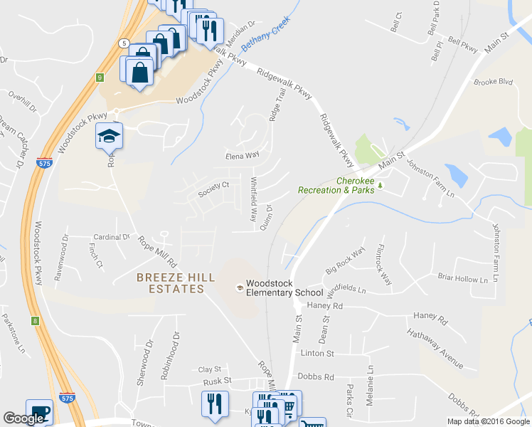map of restaurants, bars, coffee shops, grocery stores, and more near 504 Quinn Drive in Woodstock