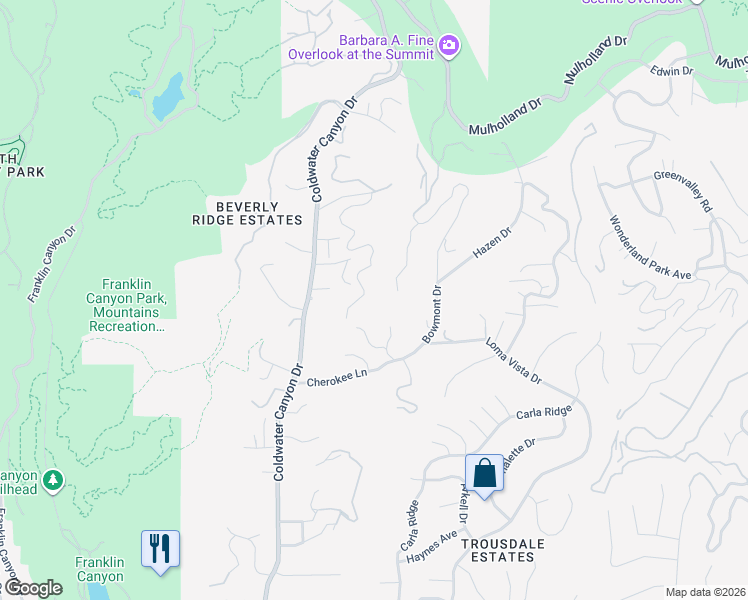 map of restaurants, bars, coffee shops, grocery stores, and more near 2258 Gloaming Way in Beverly Hills