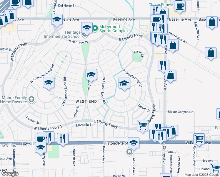 map of restaurants, bars, coffee shops, grocery stores, and more near 14085 Valley Forge Court in Fontana