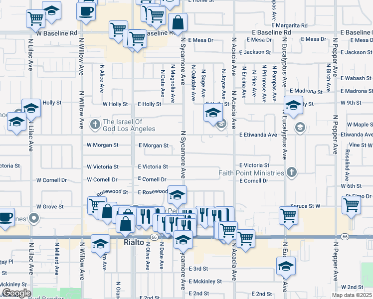 map of restaurants, bars, coffee shops, grocery stores, and more near 314 East Van Koevering Street in Rialto