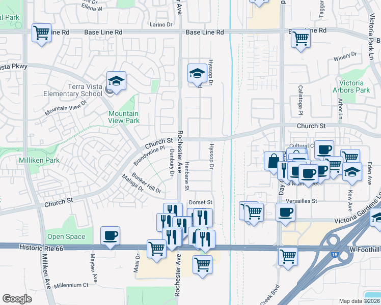 map of restaurants, bars, coffee shops, grocery stores, and more near 7749 Henbane Street in Rancho Cucamonga