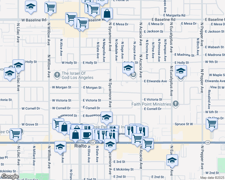 map of restaurants, bars, coffee shops, grocery stores, and more near 314 East Van Koevering Street in Rialto