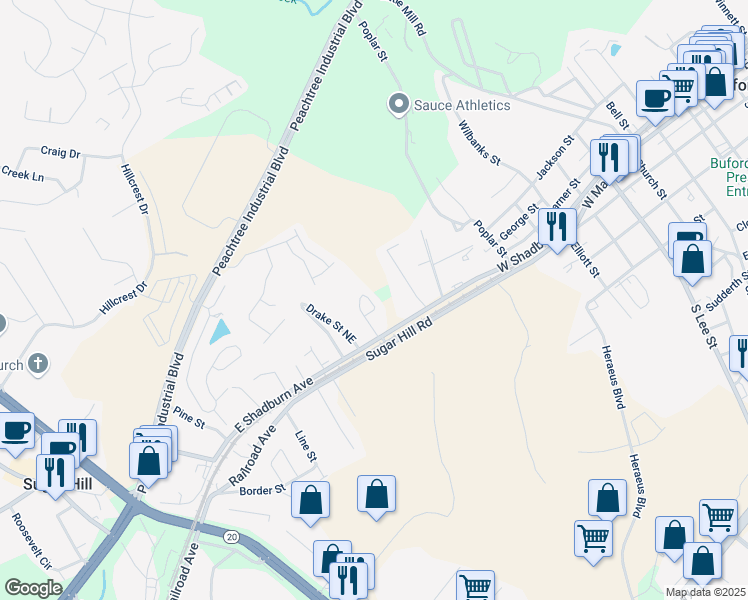map of restaurants, bars, coffee shops, grocery stores, and more near 85 Lawson Street in Buford