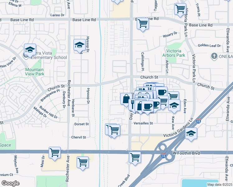 map of restaurants, bars, coffee shops, grocery stores, and more near 7721 Chambray Place in Rancho Cucamonga