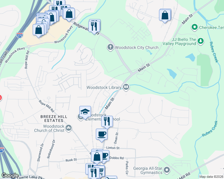 map of restaurants, bars, coffee shops, grocery stores, and more near 7708 Main Street in Woodstock