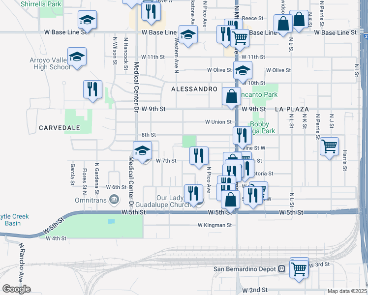 map of restaurants, bars, coffee shops, grocery stores, and more near 1499 W Vine St in San Bernardino