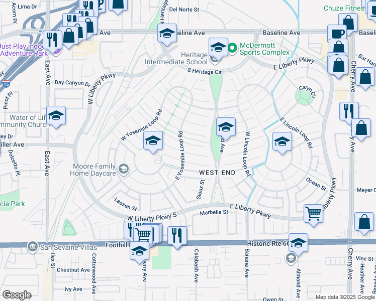 map of restaurants, bars, coffee shops, grocery stores, and more near 13712 Balboa Court in Fontana