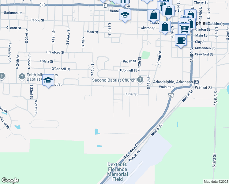 map of restaurants, bars, coffee shops, grocery stores, and more near 1416 Cutler St in Arkadelphia