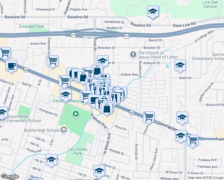 map of restaurants, bars, coffee shops, grocery stores, and more near 2421 Foothill Boulevard in La Verne
