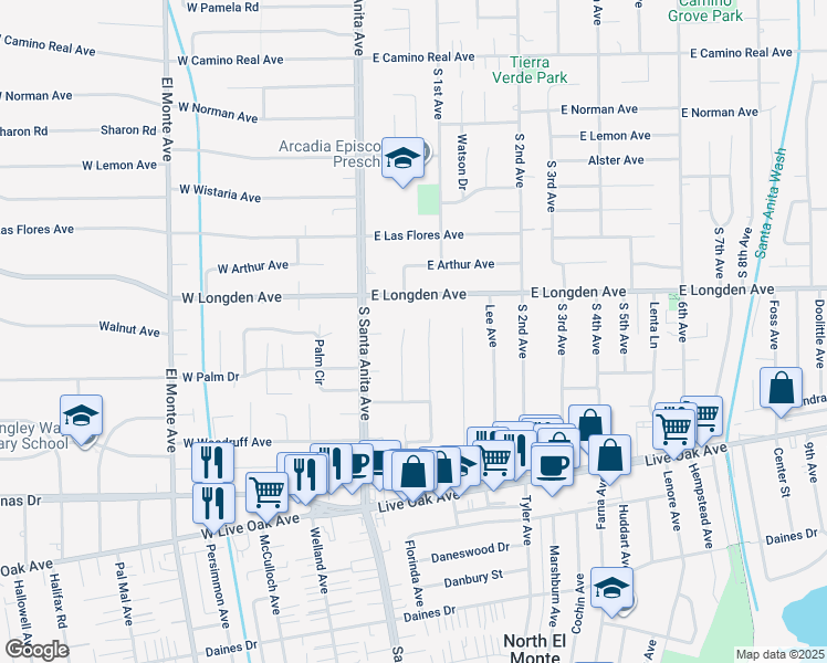 map of restaurants, bars, coffee shops, grocery stores, and more near 2230 Louise Avenue in Arcadia