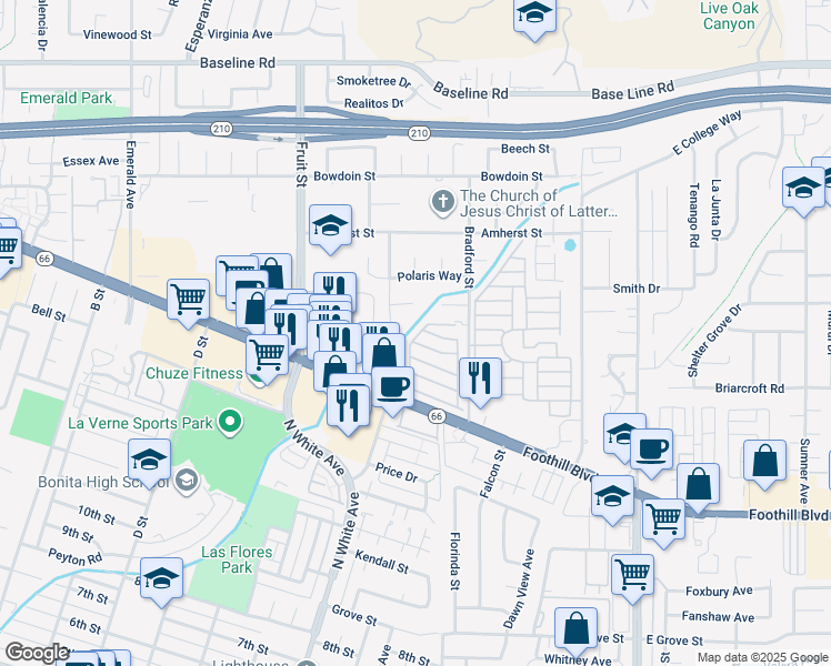map of restaurants, bars, coffee shops, grocery stores, and more near 3945 Bradford Street in La Verne