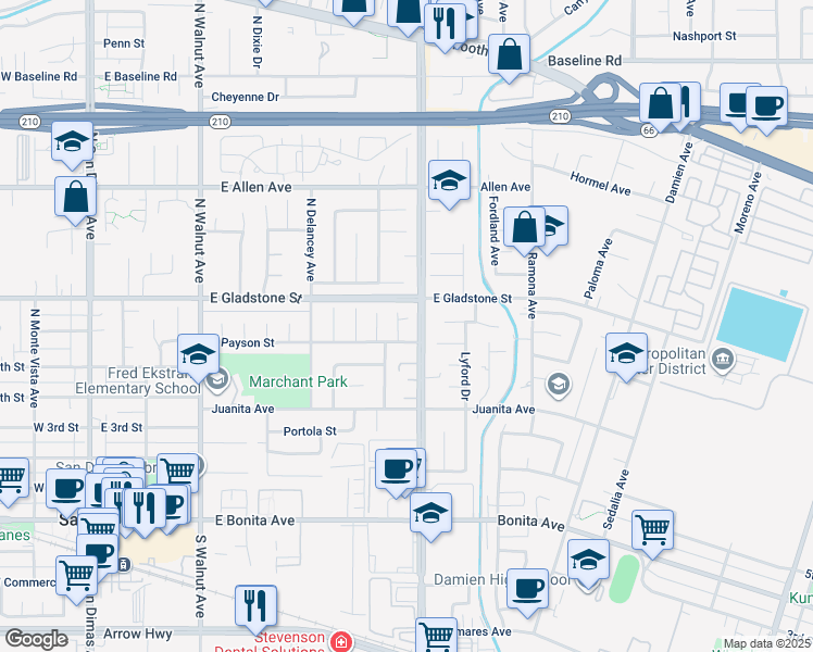 map of restaurants, bars, coffee shops, grocery stores, and more near 624 East Norwood Court in San Dimas