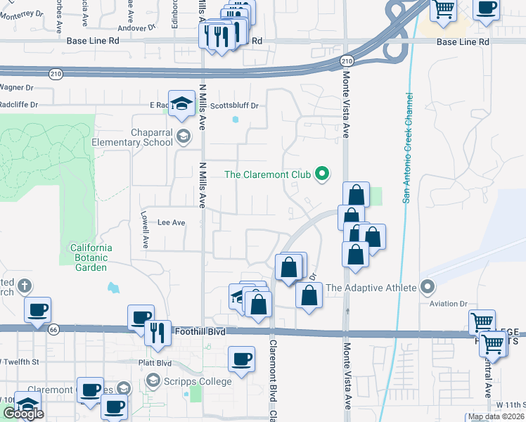 map of restaurants, bars, coffee shops, grocery stores, and more near 685 Rockford Drive in Claremont